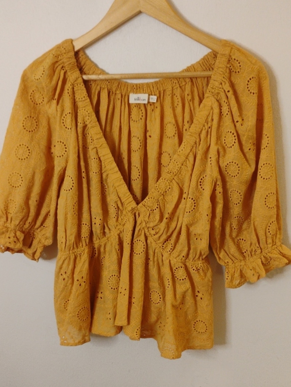 Millibon Mustard Eyelet V-Neck Peplum Top